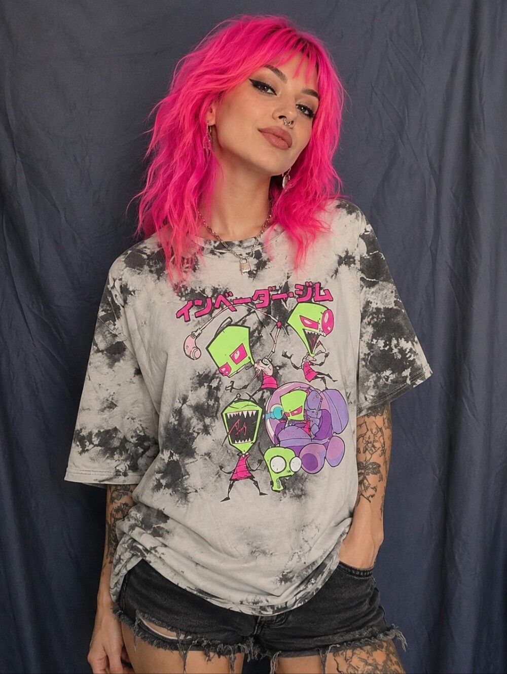 Tie-Dye Graphic Tee with Neon Invader Zim Design
